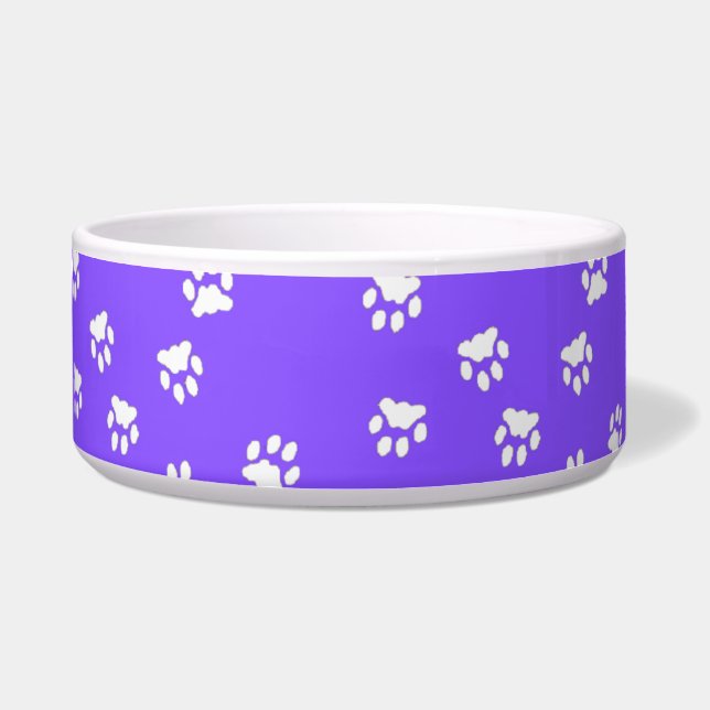 Adorable Violet White Paw Printed Large Dog Bowl (Front)
