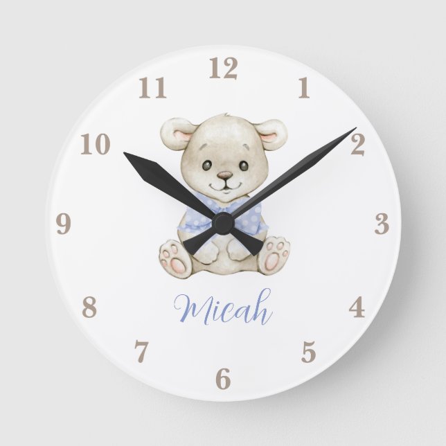 Adorable Watercolor Baby Bear Blue Bow  Round Clock (Front)