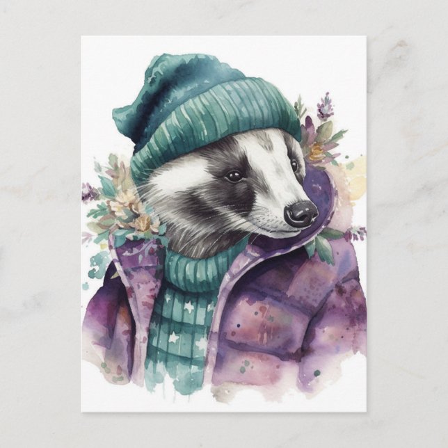 Adorable Watercolor Badger Postcard (Front)