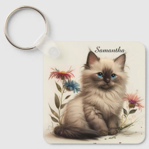 Adorable Watercolor Birman Kitten Key Ring