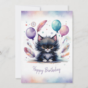 Adorable Watercolor Black Kitten Happy Birthday Holiday Card