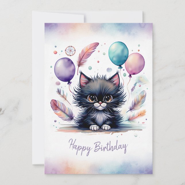 Adorable Watercolor Black Kitten Happy Birthday Holiday Card (Front)