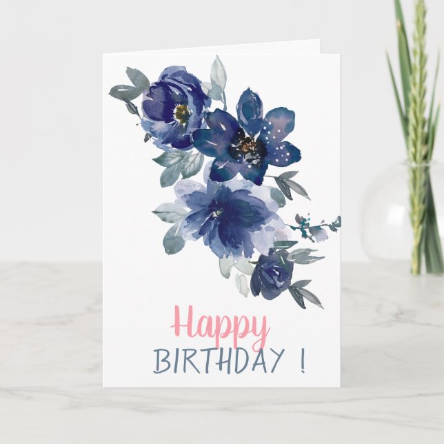 Adorable Watercolor Blue Flowers Birthday Card (Front)