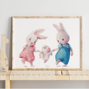 Adorable Watercolor Bunny Family   Wall Print
