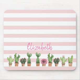 Adorable Watercolor Cactus,Pink Stripes Mouse Mat