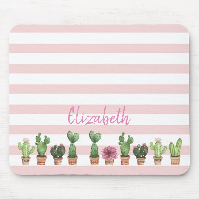 Adorable Watercolor Cactus,Pink Stripes Mouse Mat (Front)