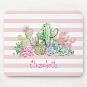 Adorable Watercolor Cactus,Succulent Pink Stripes Mouse Mat