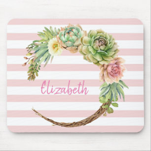 Adorable Watercolor Cactus,Succulent Stripes Mouse Mat