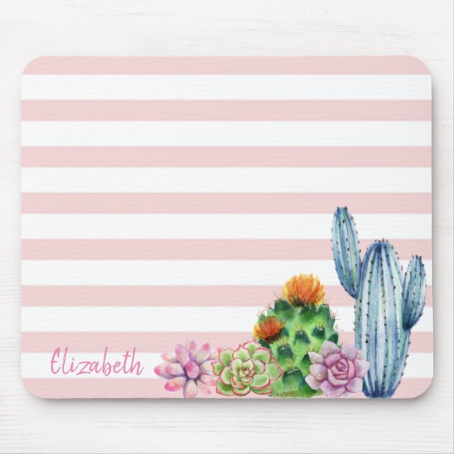 Adorable Watercolor Cactus,Succulent Stripes  Mouse Mat (Front)
