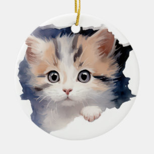 ADORABLE WATERCOLOR CALICO KITTEN FACE CERAMIC TREE DECORATION