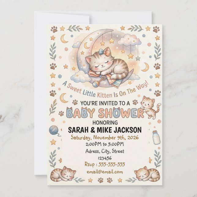 Adorable Watercolor Cat Themed Baby Shower Invitation (Front)