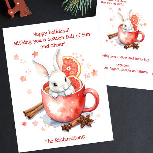 Adorable Watercolor Christmas Bunny in a Red Mug Holiday Postcard