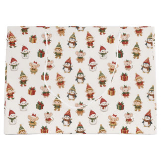 Adorable Watercolor Christmas Pattern - Elves Peng Large Gift Bag