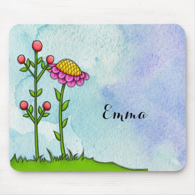 Adorable Watercolor Doodle Flower Mousepad (Front)