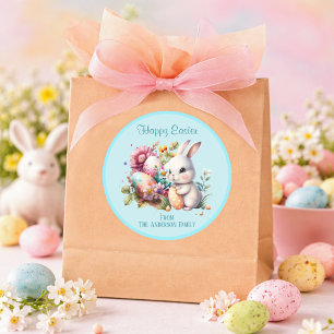 Adorable Watercolor Easter Bunny Blue Classic Roun Round Sticker