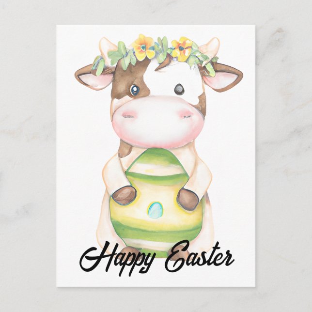 Adorable Watercolor Easter Cow Postcard (Front)