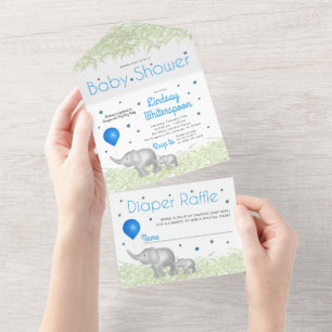 Adorable Watercolor Elephants Baby Boy Shower All In One Invitation