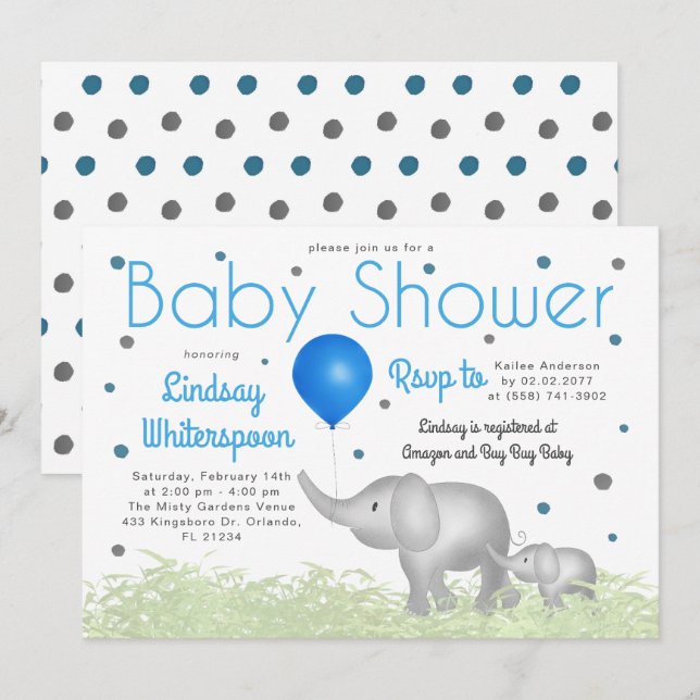Adorable Watercolor Elephants Boy Baby Shower  Invitation (Front/Back)