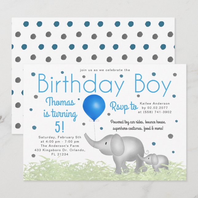 Adorable Watercolor Elephants Boy Birthday Party Invitation (Front/Back)