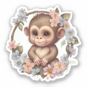 Adorable Watercolor Floral Indie Baby Monkey