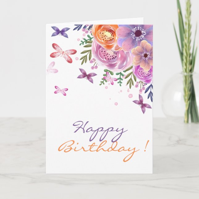 Adorable Watercolor Flowers Butterflies Card (Front)