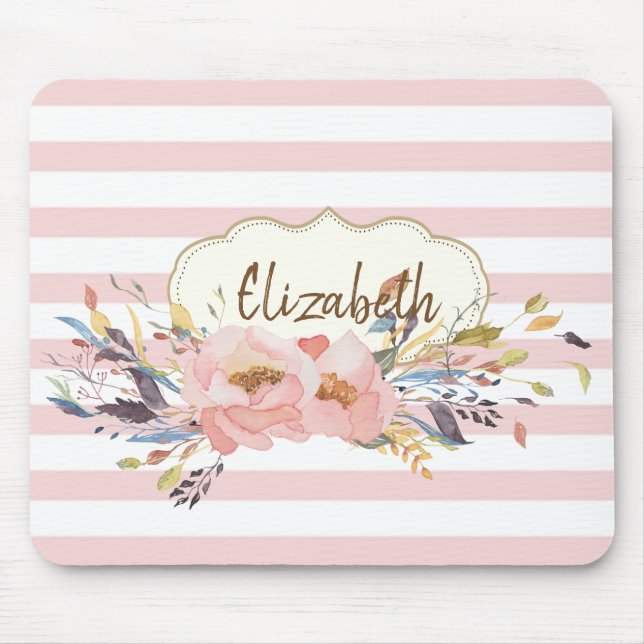 Adorable Watercolor Flowers,Stripes -Personalised Mouse Mat (Front)