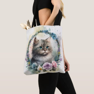 ADORABLE WATERCOLOR GRAY TABBY KITTEN FLOWERS TOTE BAG