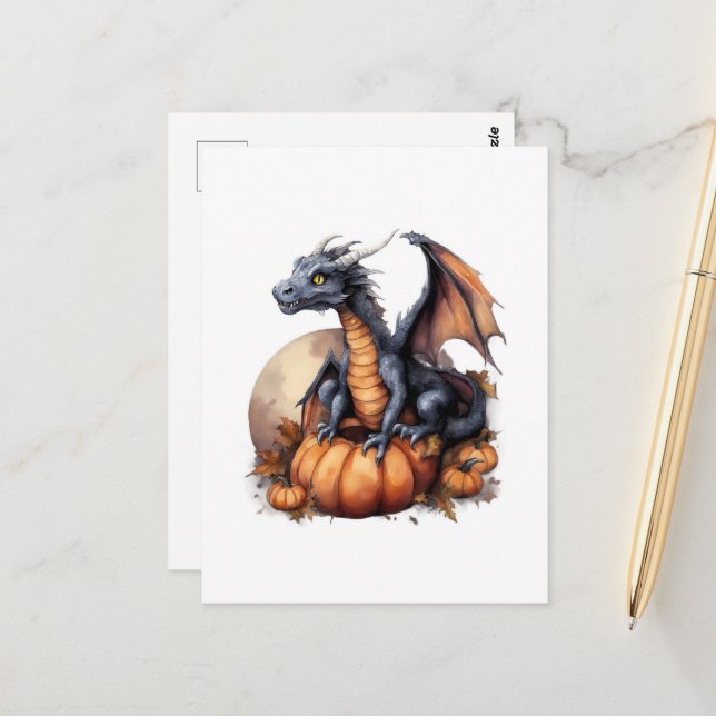 Adorable Watercolor Halloween Dragon Postcard (Front/Back In Situ)