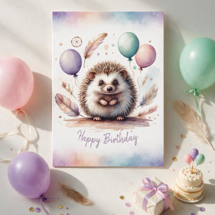 Adorable Watercolor Hedgehog Happy Birthday Card