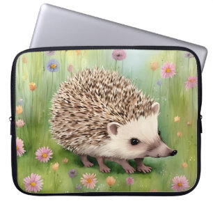 Adorable Watercolor Hedgehog With Flowers Laptop Sleeve