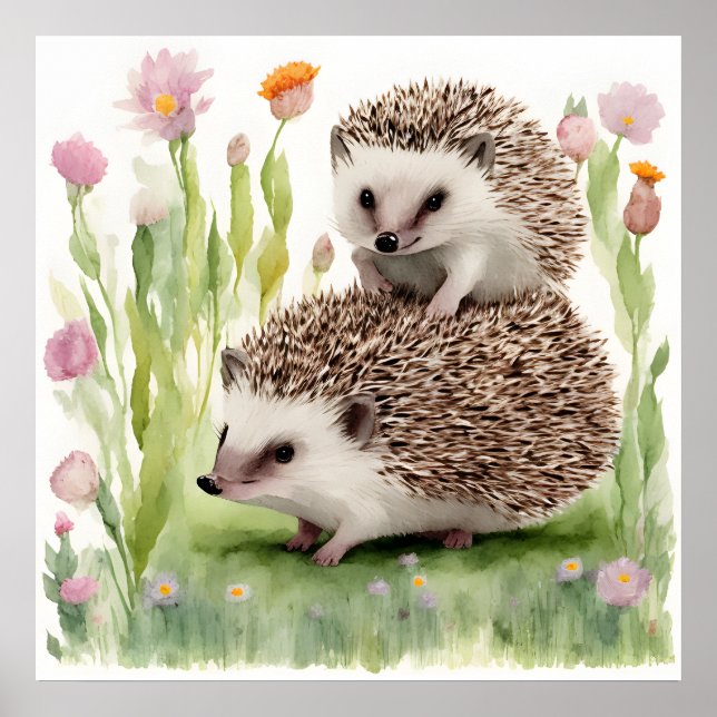 Adorable Watercolor Hedgehogs With Flower Poster (Front)