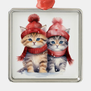 ADORABLE WATERCOLOR HOLIDAY TABBY KITTENS METAL TREE DECORATION