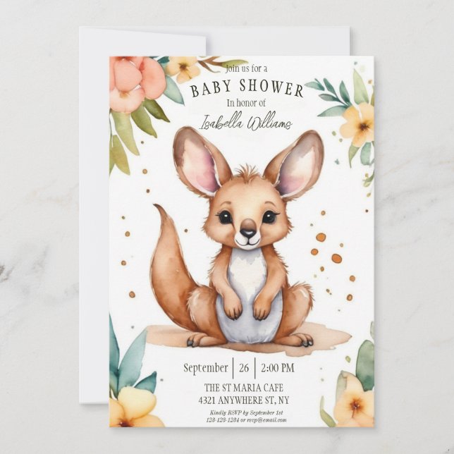 Adorable Watercolor Little Kangaroo Baby Shower Invitation (Front)