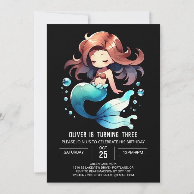 Adorable Watercolor Mermaid Birthday Invitation (Front)