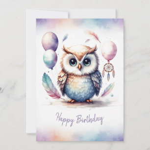 Adorable Watercolor Owl Happy Birthday Holiday Card