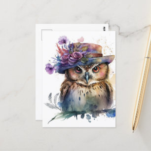 Adorable Watercolor Owl in a Hat Postcard