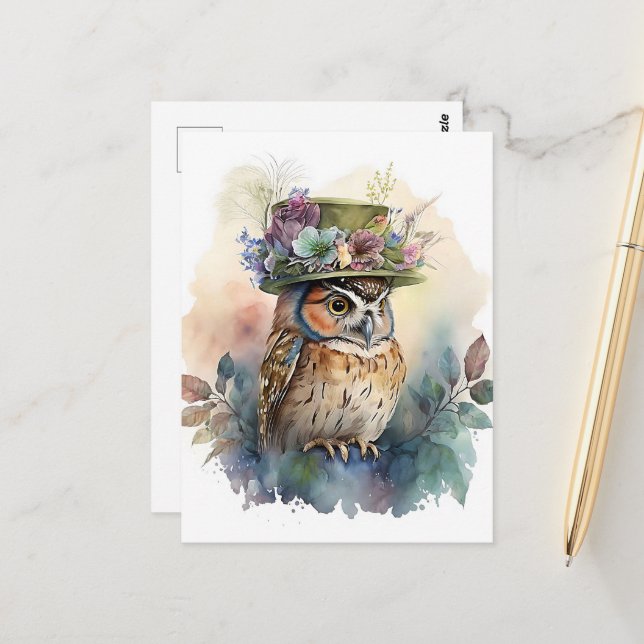 Adorable Watercolor Owl Postcard (Front/Back In Situ)