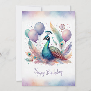 Adorable Watercolor Peacock Happy Birthday Holiday Card