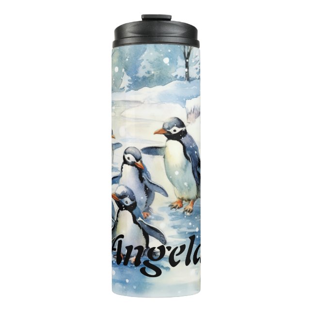 Adorable Watercolor Penguins on ice Thermal Tumbler (Front)