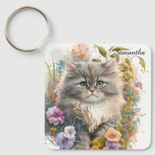 Adorable Watercolor Persian Kitten Key Ring