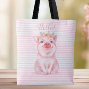 Adorable Watercolor Pig Pink Stripes Tote Bag