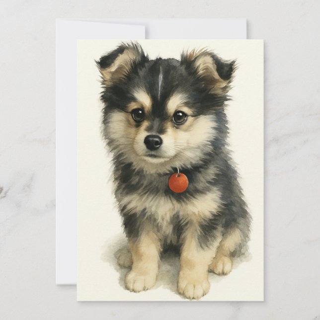 Adorable Watercolor Pomchi Puppy  Thank You Card (Front)