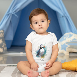 Adorable Watercolor Puffin, custom Baby Bodysuit
