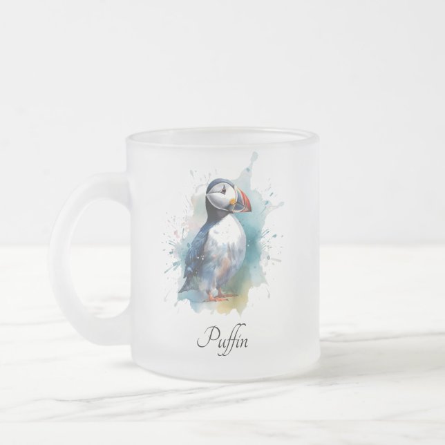 Adorable Watercolor Puffin, custom Frosted Glass Coffee Mug (Left)