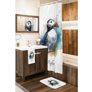 Adorable Watercolor Puffin, custom Shower Curtain