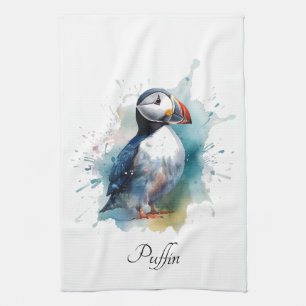 Adorable Watercolor Puffin, custom Tea Towel