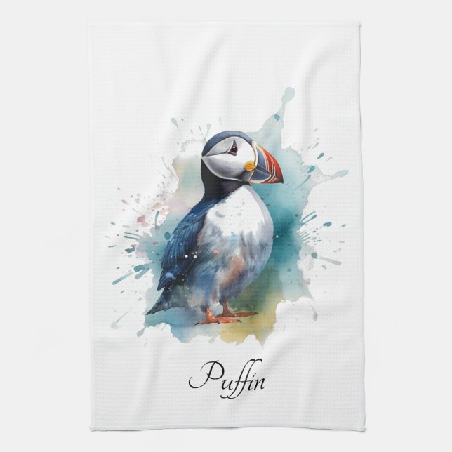 Adorable Watercolor Puffin, custom Tea Towel (Vertical)