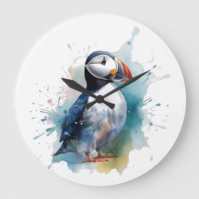 Adorable Watercolor Puffin Large Clock (Front)