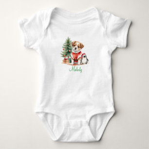 Adorable Watercolor Puppy Dog with Little Penguin Baby Bodysuit