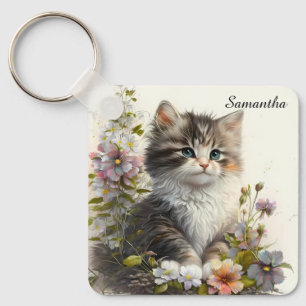 Adorable Watercolor Ragamuffin Kitten Key Ring